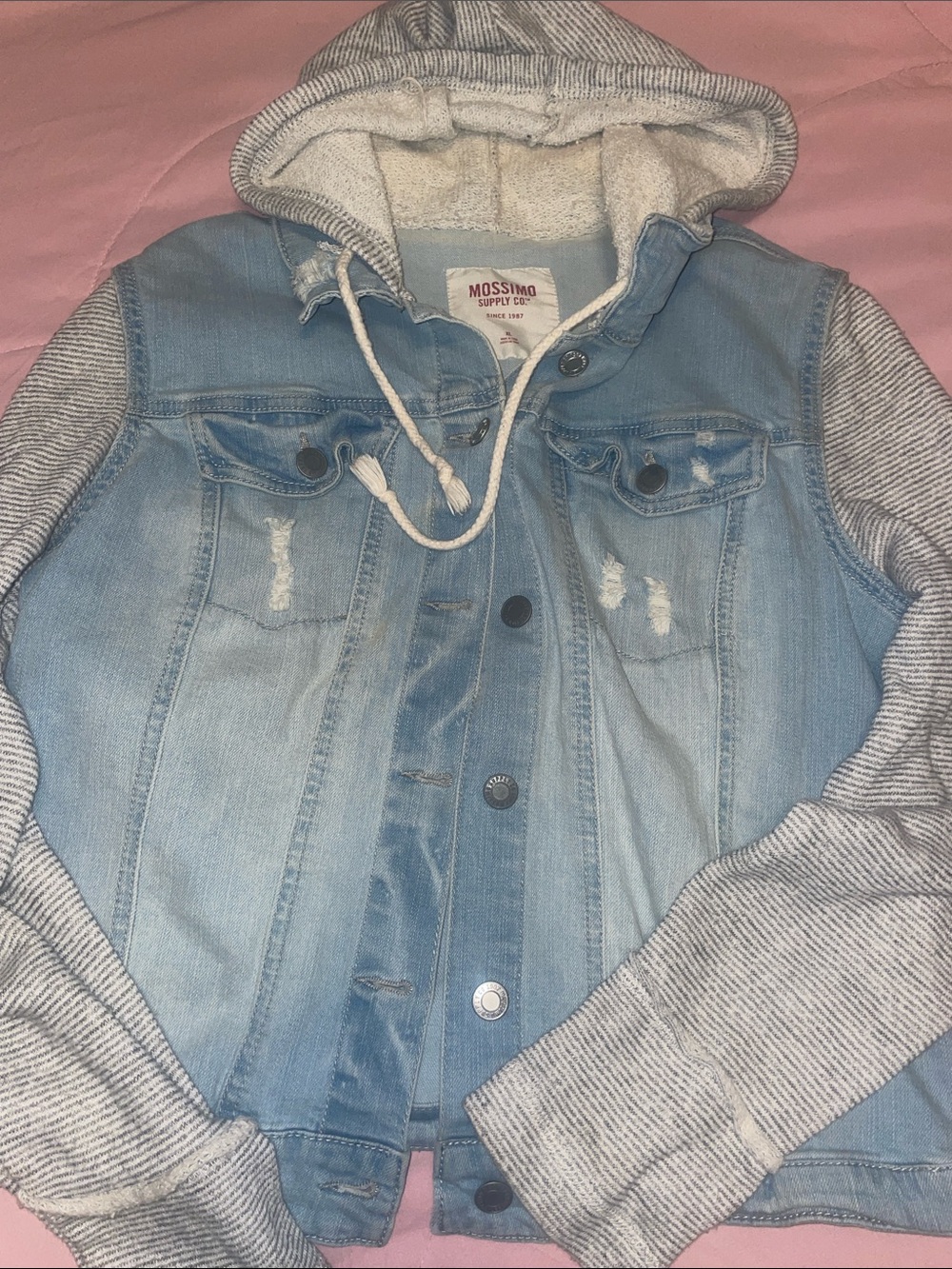 Mossimo Denim Hooded Jacket in Light Blue with Gray Sleeves